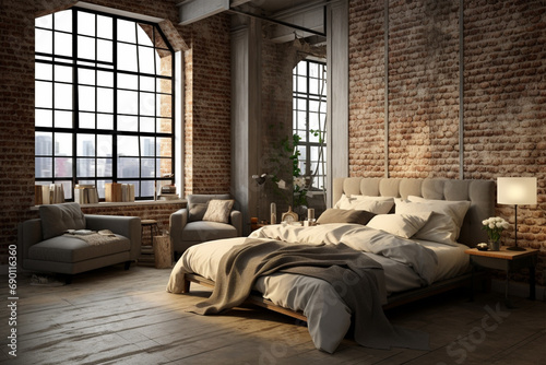 Bedroom interior with large windows in loft style