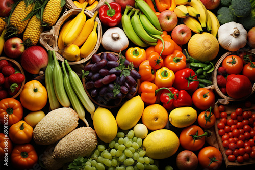 Set of fresh fruits and vegetables, top view