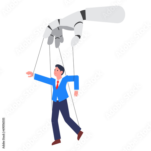 AI manipulation concept, Robot puppeteer controlling man. Marionette victim on threads. Robotic manipulators hand. AI technology. Cyborg domination.