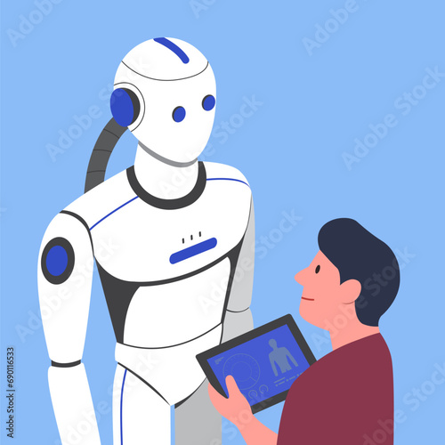 Man in front of android and controlling it with tablet pc. Controlling AI concept. Presentation of modern anthropomorphic robot, technological breakthrough. Flat cartoon style.