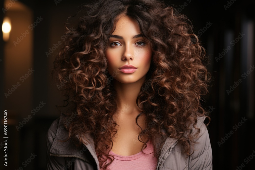 A young woman with voluminous curly hair poses confidently indoors under soft lighting, capturing a moment of natural beauty and style A young woman with voluminous curly hair poses confidently indoors under soft lighting, capturing a moment of natural beauty and style
