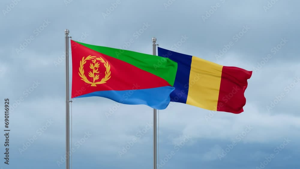 Chad flag and Eritrea flag waving together on cloudy sky, endless seamless loop, two country relations concept Chad flag and Eritrea flag waving together on cloudy sky, endless seamless loop, two country relations concept