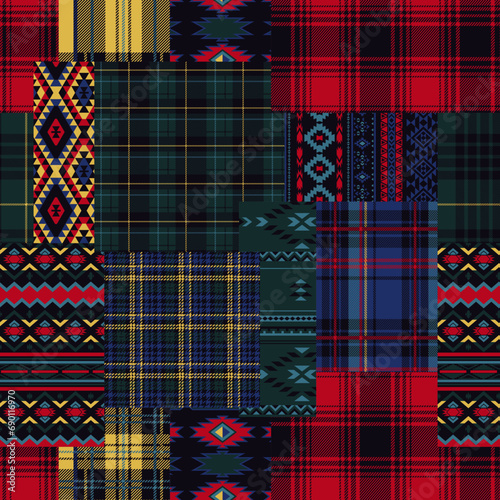 American native motifs and tartan plaid fabric patchwork abstract vector seamless pattern
