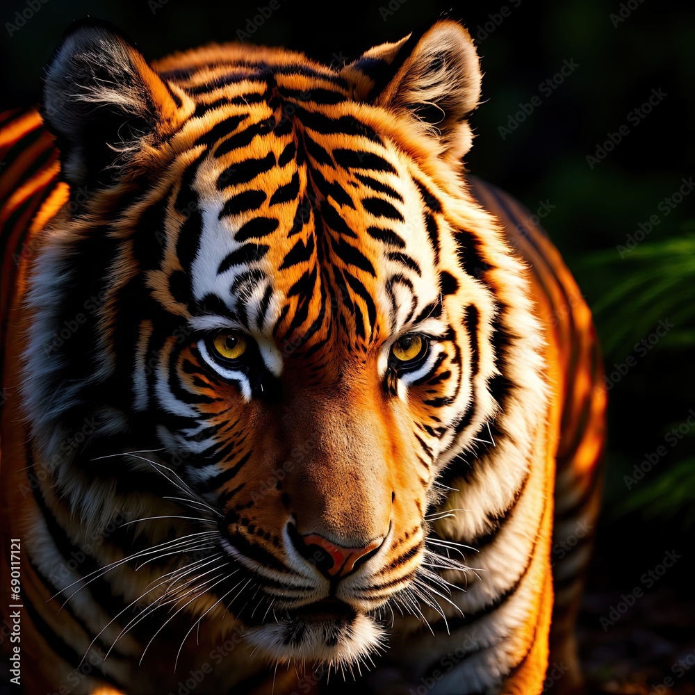 Fototapeta premium A formidable tiger sneaks in the night forest. Generative AI.