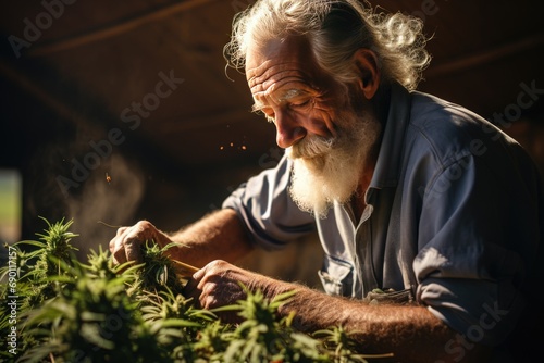an elderly asian man in holding growing cannabis