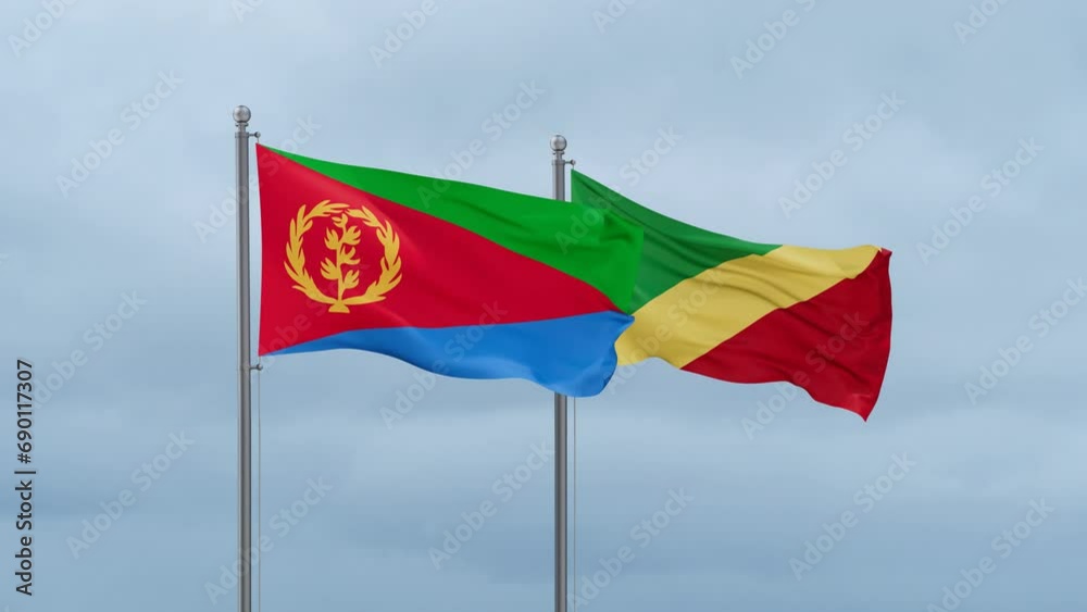 Republic of the Congo flag and Eritrea flag waving together on cloudy sky, endless seamless loop, two country relations concept Republic of the Congo flag and Eritrea flag waving together on cloudy sky, endless seamless loop, two country relations concept
