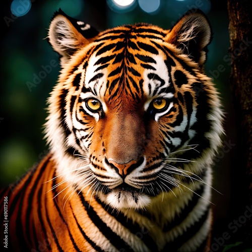 A formidable tiger sneaks in the night forest. Generative AI. © Артем Шостак