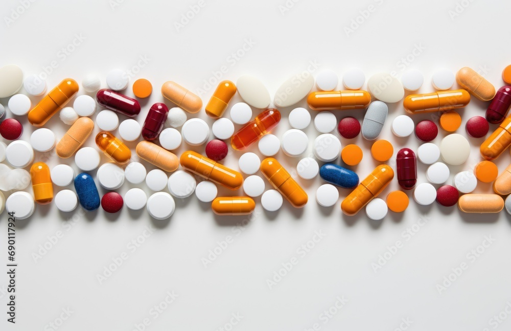 Assorted capsules and tablets arranged on a flat surface showcasing a variety of colors and shapes, highlighting their pharmaceutical diversity