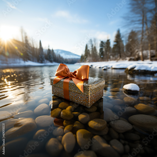A gift for winter ice fishing. A surprise for catching fish tool store. A marketing promotion for the fisherman. Presentation post for social media bg, lake + nature. Gift with bow and ribbon social photo