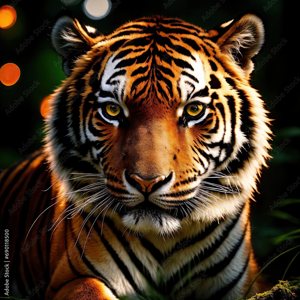 Fototapeta premium A formidable tiger sneaks in the night forest. Generative AI.
