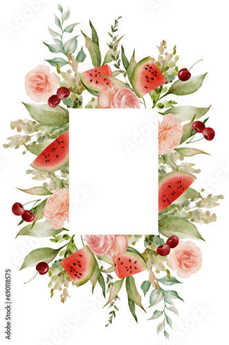 Watercolor floral frame with fruits and flowers