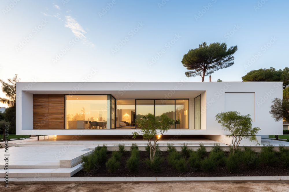 Beautiful modern white minimalist architecture house. Luxurious modern one-flat residential house with flat roof