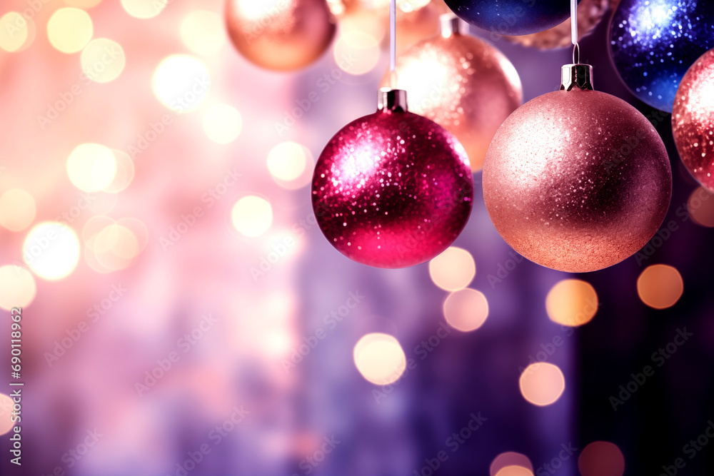 Beautiful christmas balls, hang,vibrant color, space for text,bokeh background,glitter, shiny light winter.  - obrazy, fototapety, plakaty 