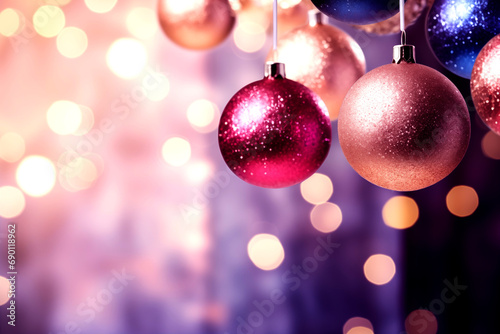 Beautiful christmas balls  hang vibrant color  space for text bokeh background glitter  shiny light winter. 