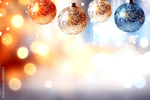 Beautiful christmas balls, hang,vibrant color, space for text,bokeh background,glitter, shiny light winter. 