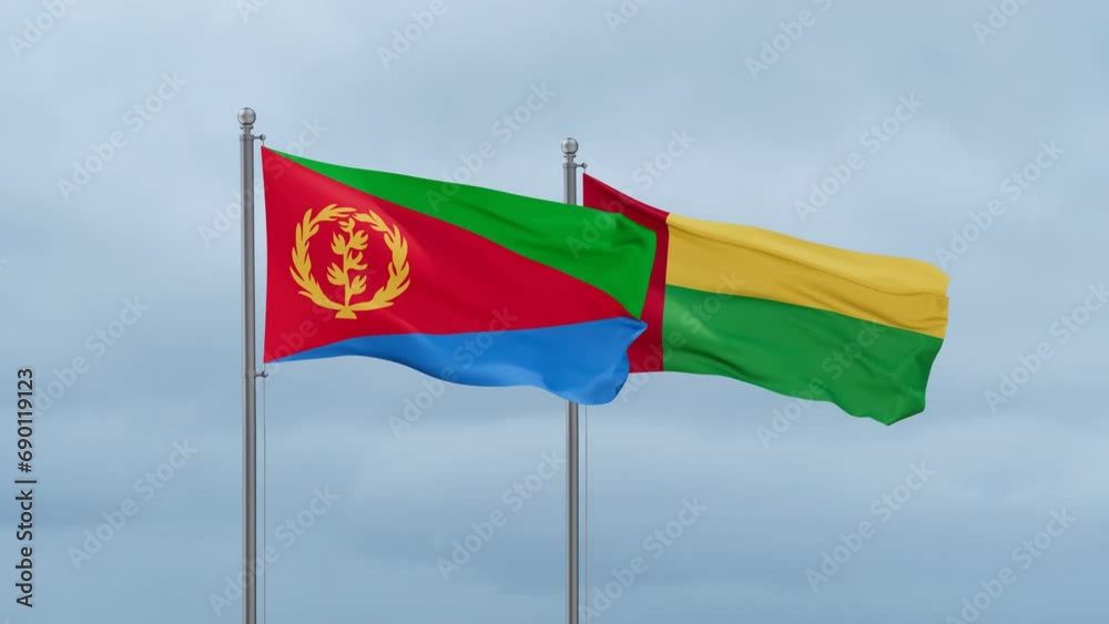Guinea-Bissau flag and Eritrea flag waving together on cloudy sky, endless seamless loop, two country relations concept Guinea-Bissau flag and Eritrea flag waving together on cloudy sky, endless seamless loop, two country relations concept