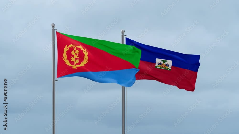 Haiti flag and Eritrea flag waving together on cloudy sky, endless seamless loop, two country relations concept Haiti flag and Eritrea flag waving together on cloudy sky, endless seamless loop, two country relations concept