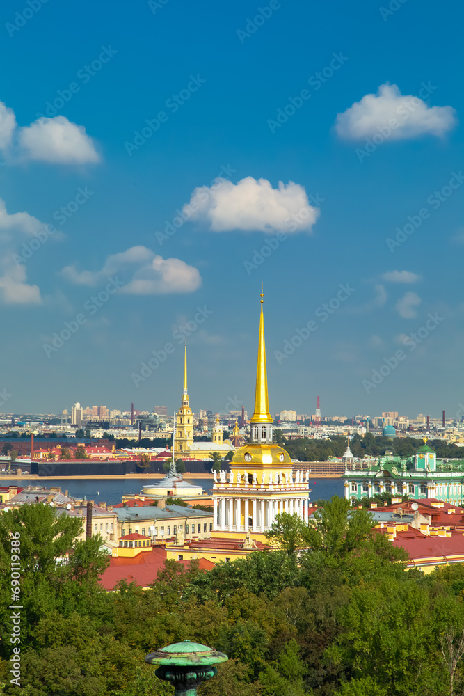 Aerial view of the historical center and the Admiralty from the colonnade of St. Isaac's Cathedral. Aerial view of the historical center and the Admiralty from the colonnade of St. Isaac's Cathedral.