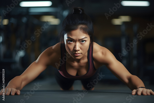Asian strong woman doing push ups in the gym