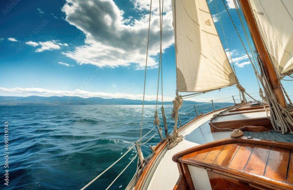 Sailing on a calm blue sea under a bright sky with fluffy clouds in the background, captured during a sunny afternoon Sailing on a calm blue sea under a bright sky with fluffy clouds in the background, captured during a sunny afternoon