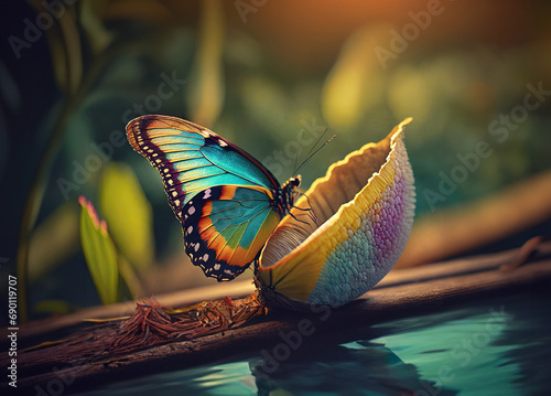 Close up of rainbow butterfly coming out of coccoon photo