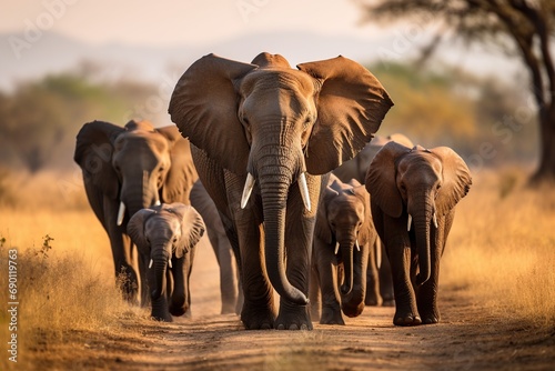 Herd of Elephants in the African Savannah. Generative AI. 