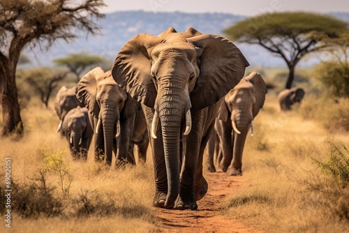 Herd of Elephants in the African Savannah. Generative AI.  © dhiyaeddine