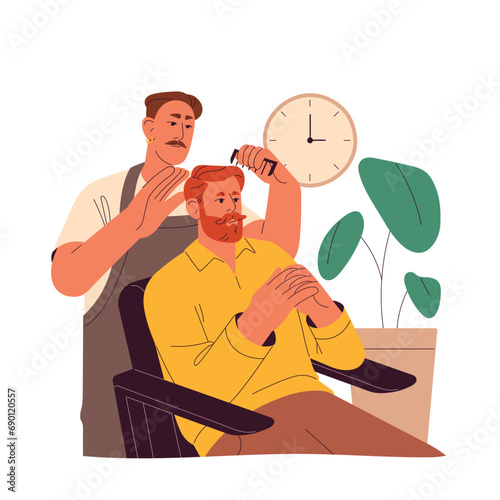 Hairstylist with mustache makeover client hairstyle by comb. Bearded customer sitting in barbershop. Hairdresser, barber work on hair style in beauty salon. Flat isolated vector illustration on white