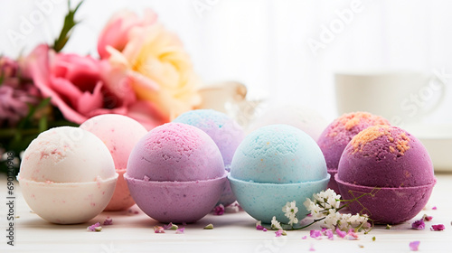 Spa bath bombs with flowers. Selective focus.