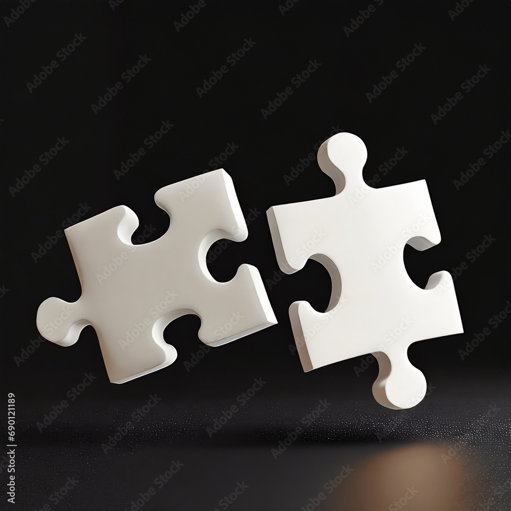 white jigsaw puzzle floating in the air, empty space for text, isolated black background. white jigsaw puzzle floating in the air, empty space for text, isolated black background.