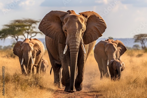 Herd of Elephants in the African Savannah. Generative AI.  © dhiyaeddine
