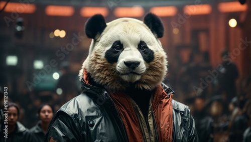Photo of hipster panda guy in subway. Panda man character. photo