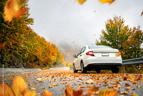 Fototapeta Naklejka Na Ścianę i Meble -  Car on a Road Covered in Autumn Leaves