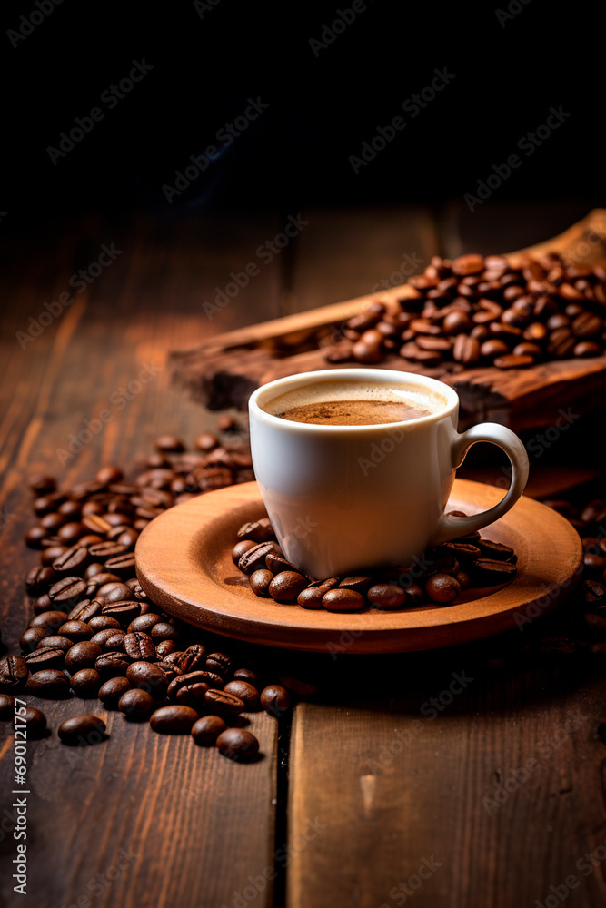 Cup of coffee and coffee beans. Selective focus. Cup of coffee and coffee beans. Selective focus.