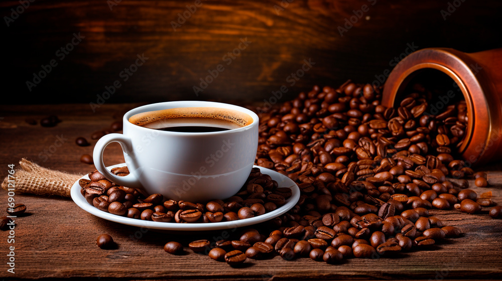 Fototapeta premium Cup of coffee and coffee beans. Selective focus.