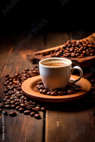 Cup of coffee and coffee beans. Selective focus.