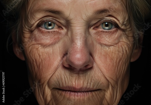 A detailed close-up of an elderly woman's face showcasing deep wrinkles and wise, introspective eyes. The portrait captures the essence of aging, wisdom, and life experience.