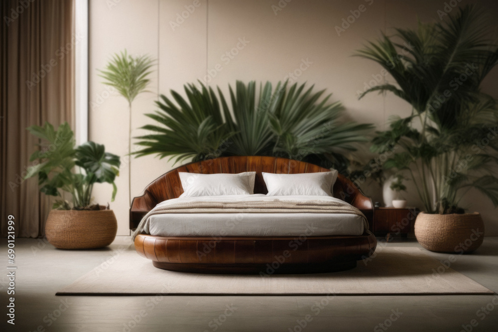 Conceptual design of a cozy bed with tropical flower decor. Creative bedroom interior design concept.