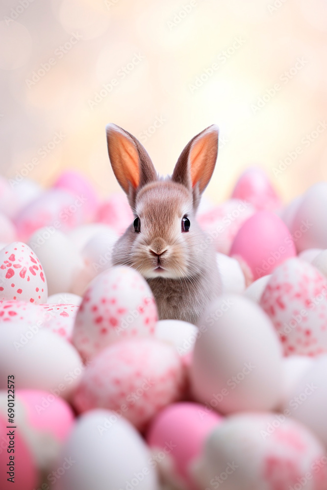 Easter bunny and many Easter eggs. Selective focus.
