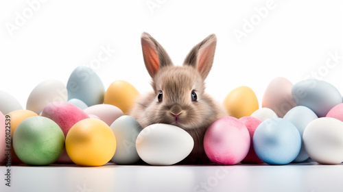 Easter bunny and many Easter eggs. Selective focus. © yanadjan