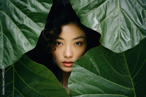 Portrait of young and beautiful asian woman with perfect smooth skin is hiding behind giant tropical leaves. Banner for beauty skin body care, spa salon, bio eco cosmetics concept.