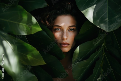 Portrait of young and beautiful woman with perfect smooth skin is hiding behind giant tropical leaves. Banner for beauty skin body care, spa salon, bio eco cosmetics concept.