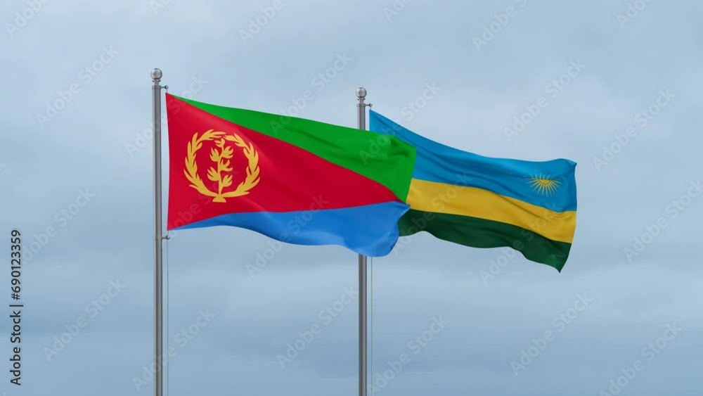 Republic of Rwanda and Eritrea flag waving together on cloudy sky, endless seamless loop, two country cooperation concept Republic of Rwanda and Eritrea flag waving together on cloudy sky, endless seamless loop, two country cooperation concept