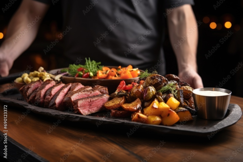 chef presenting platter with grilled venison steaks