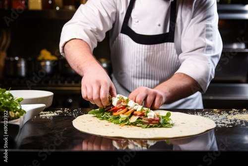 over shoulder view of a chef creating a tasteful gyro