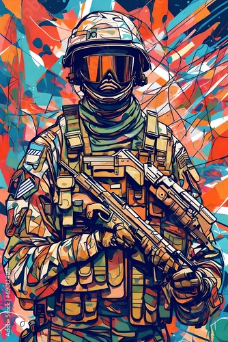 abstract painting of an American soldier ready for battle   wearing camouflage  in full uniform photo