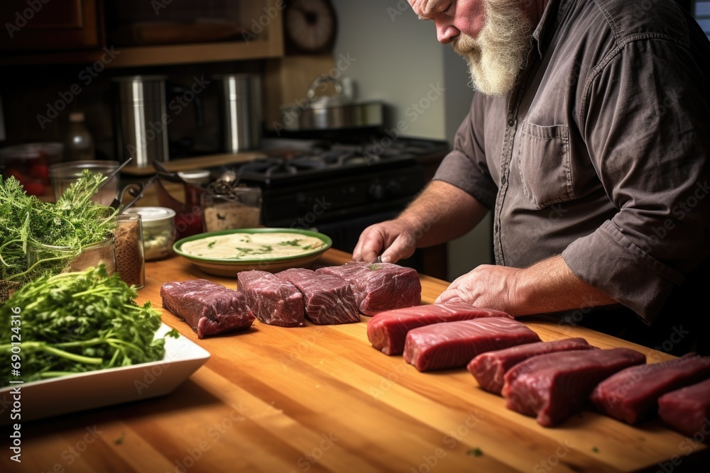 man watching over searing herb-rubbed beef steaks