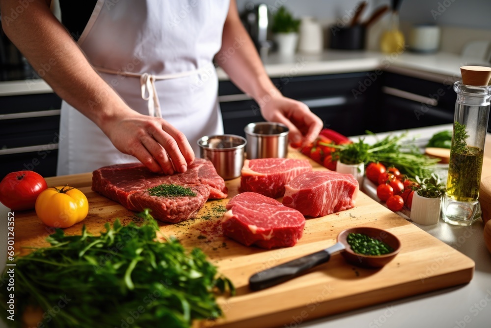 couple preparing beef steaks with herb rub in kitchen