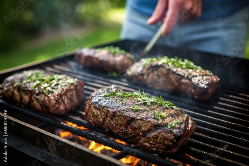 trio grilling herb-rubbed steaks at a backyard barbecue photo