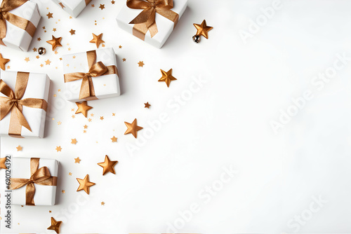 Christmas and New Year holiday background. Xmas greeting card. Christmas gifts on white background top view. Noel. Flat lay